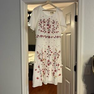 White Midi Dress with Embroidered Flowers